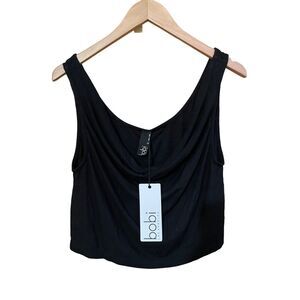 Bobi Los Angeles Short Ribbed Cropped Cowl Black Tank Top‎ Stretch Womens Size L